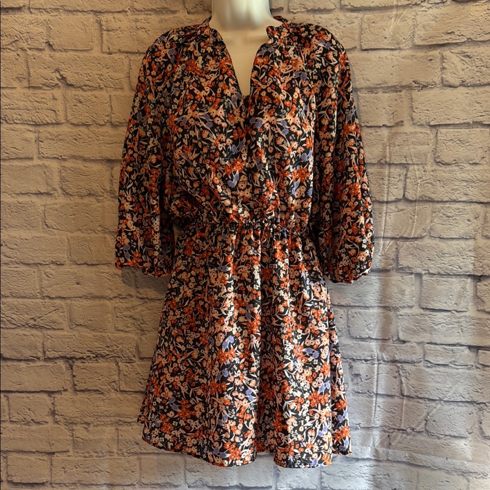 Another Love Orange and Blue Buttoned Sundress with Bishop Sleeves Size Small